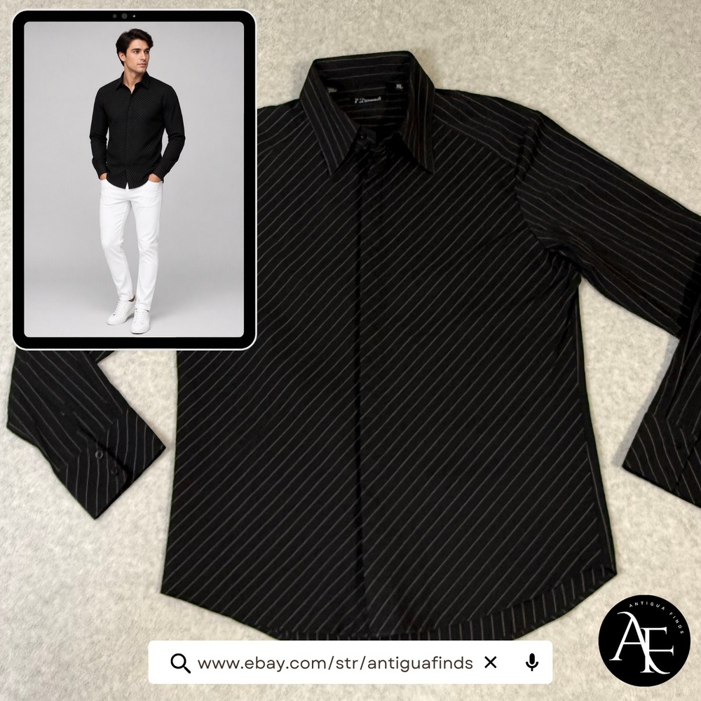 7 Diamonds Men Black Pinstripe Long Sleeve Button Down Shirt XL RN 101880